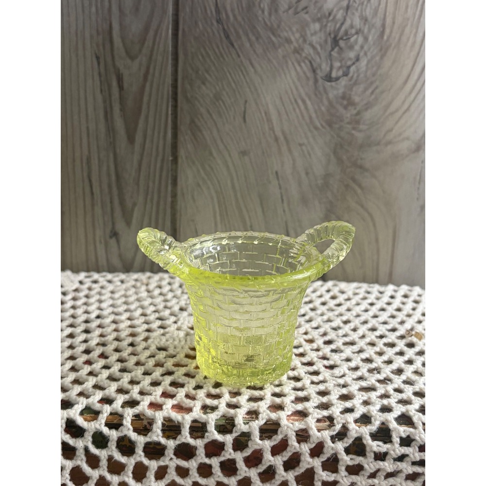 Boyd Art Glass Yellow Vaseline Uranium Glass Miniature Basket Toothpick Holder